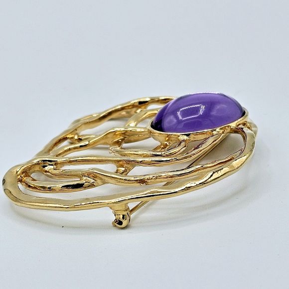 Avon Purple Cabochon Brooch Vintage Lucite Gold Tone Web Jumbo Statement Pin 3" - Picture 10 of 11